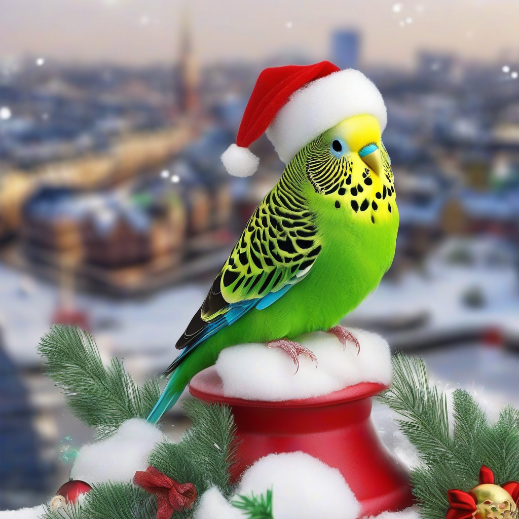 green budgie with christmas hat in snowy kiel by मुफ्त एआई छवि जनरेटर - बिना लॉगिन के✨ | AIGAZOU