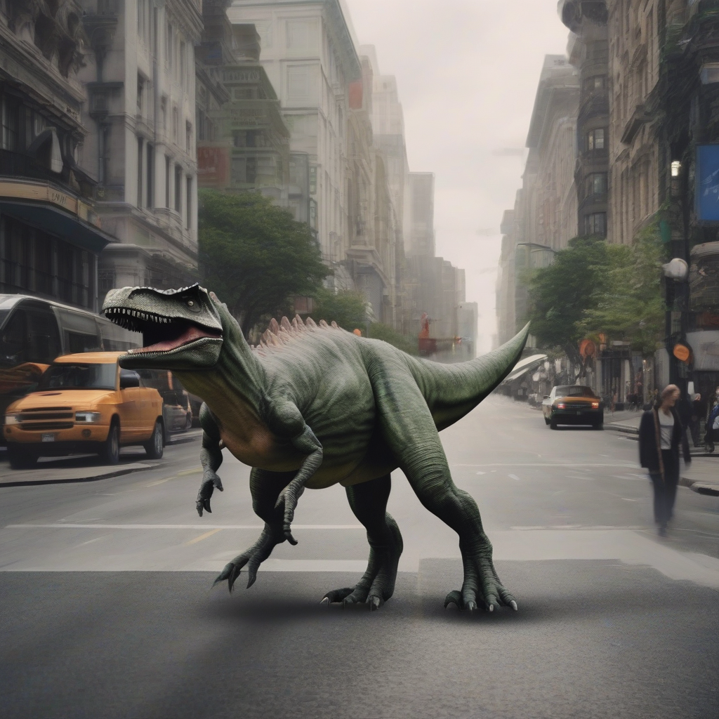 a dinosaur walking in the city by 免费AI图像生成工具 | AIGAZOU