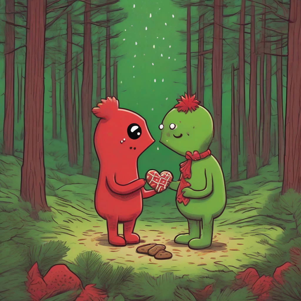 in a fir forest a red creature gives a green creature a gingerbread heart as an apology by मुफ्त एआई छवि जनरेटर - बिना लॉगिन के✨ | AIGAZOU