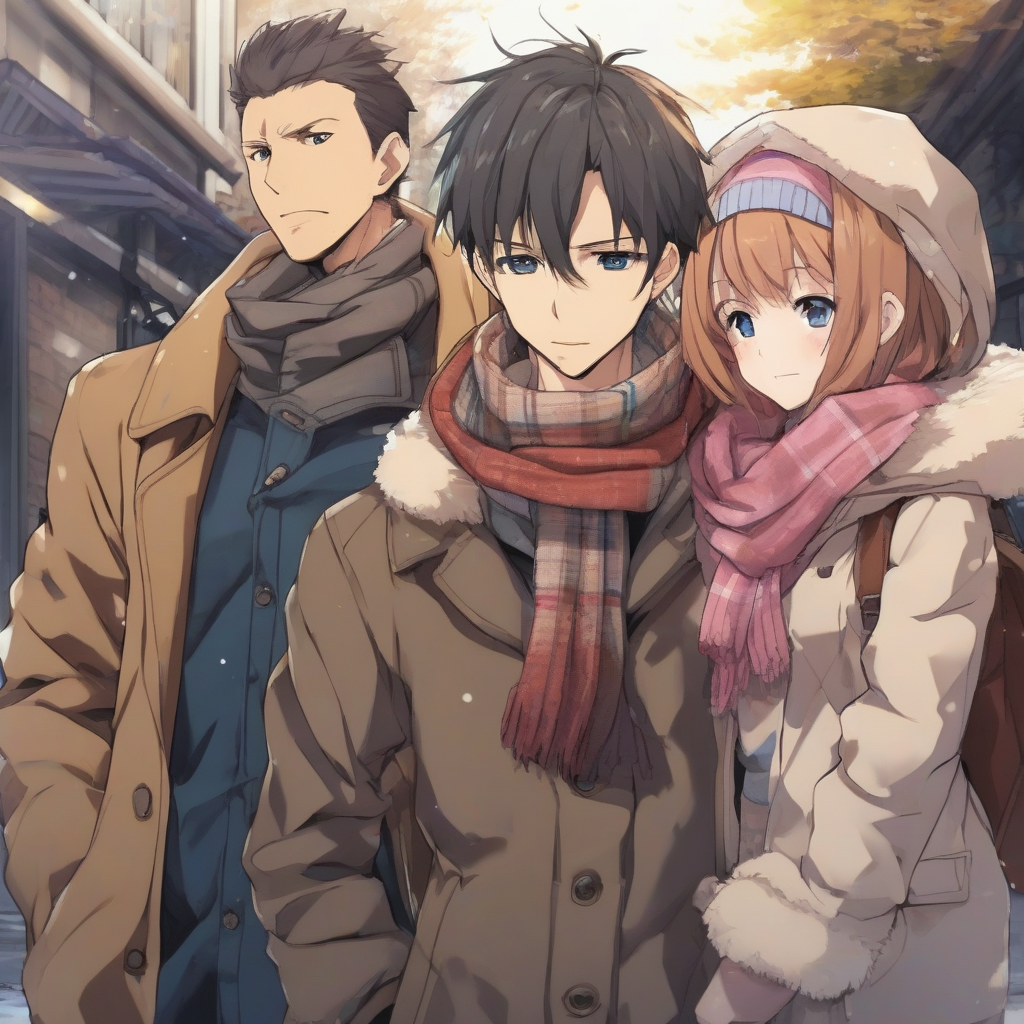 couple two and father young coat scarf anime style up to chest by मुफ्त एआई छवि जनरेटर - बिना लॉगिन के✨ | AIGAZOU