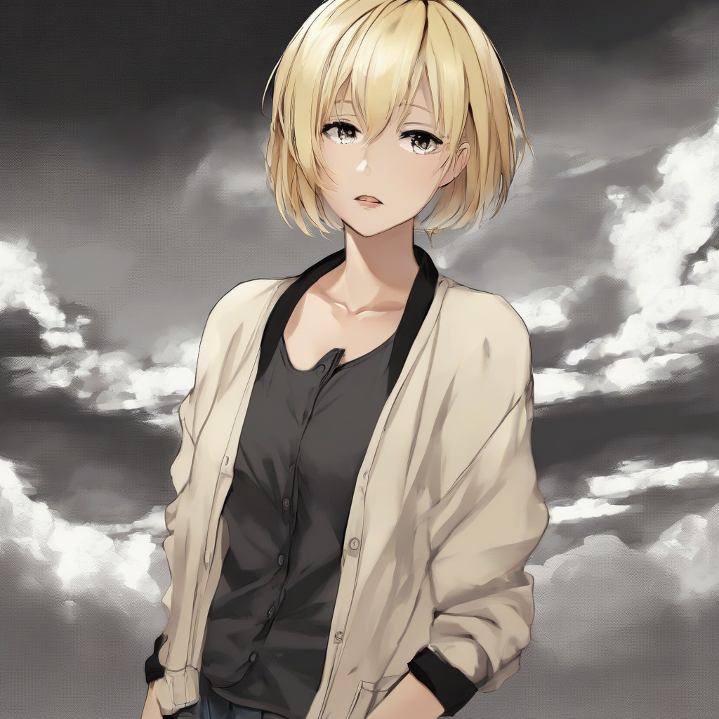 background female standing looking away short hair blonde black eyes eyes open slim cardigan by मुफ्त एआई छवि जनरेटर - बिना लॉगिन के✨ | AIGAZOU