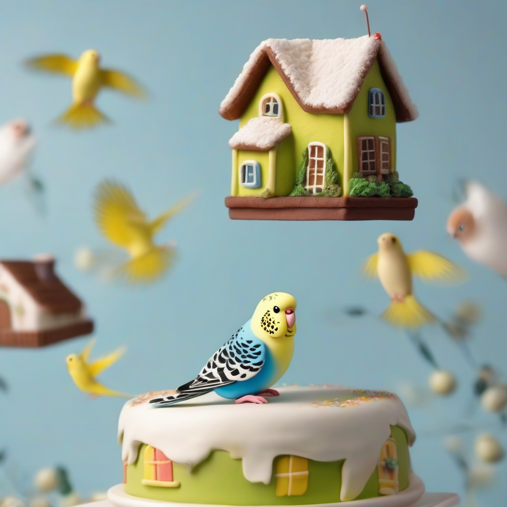 flying budgie over small house cake approaching by मुफ्त एआई छवि जनरेटर - बिना लॉगिन के✨ | AIGAZOU