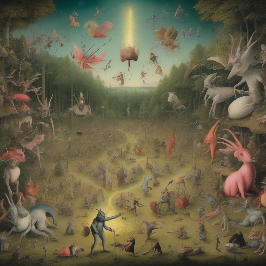 surreal hieronymus bosch style fantasy creatures techno festival laser show forest triptychon 26 28 july by मुफ्त एआई छवि जनरेटर - बिना लॉगिन के✨ | AIGAZOU