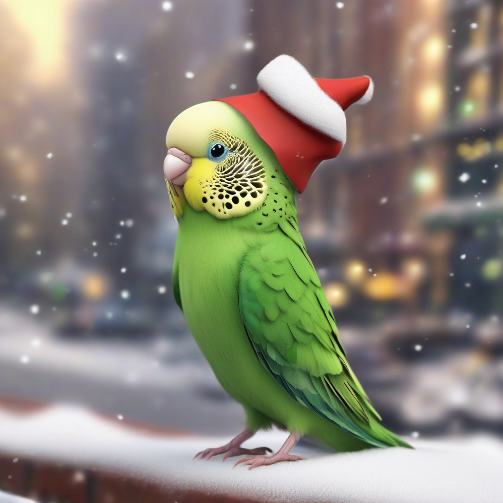 a budgie in natural green color with a santa hat standing in a snowy city holding a bell and wearing by मुफ्त एआई छवि जनरेटर - बिना लॉगिन के✨ | AIGAZOU