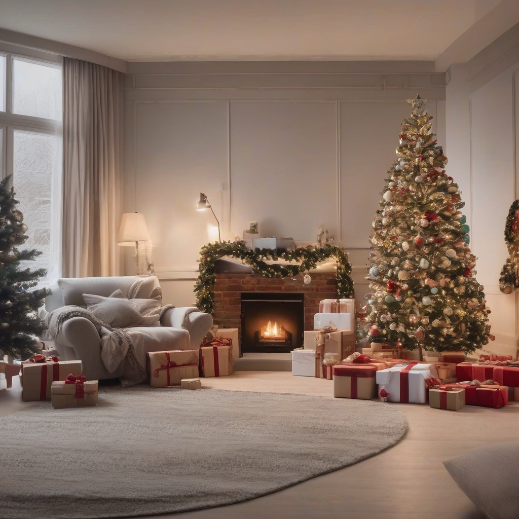 a christmas themed living room spacious minimal furniture neutral light with a christmas tree and gifts underneath by मुफ्त एआई छवि जनरेटर - बिना लॉगिन के✨ | AIGAZOU