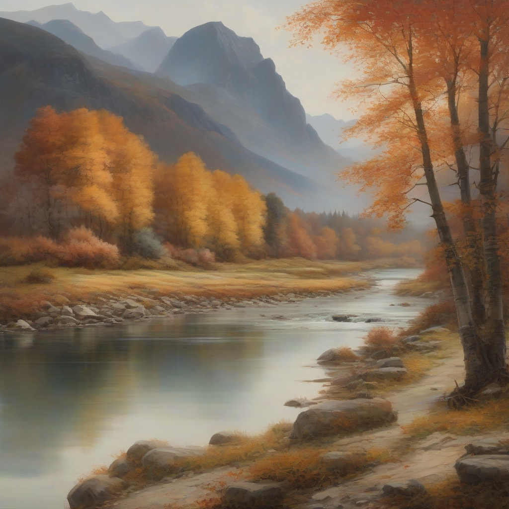 vast natural landscape with mountains and river in autumn by मुफ्त एआई छवि जनरेटर - बिना लॉगिन के✨ | AIGAZOU