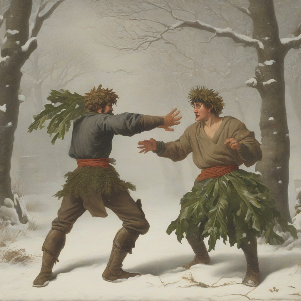 man with palm leaves on head fights man with oak leaves in snow by मुफ्त एआई छवि जनरेटर - बिना लॉगिन के✨ | AIGAZOU