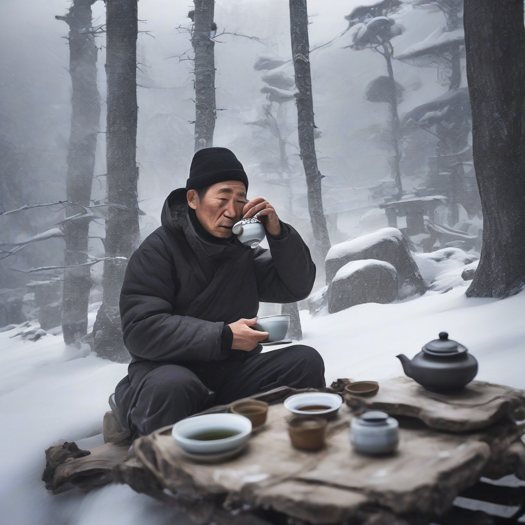 snow wilderness man chinese tea by मुफ्त एआई छवि जनरेटर - बिना लॉगिन के✨ | AIGAZOU