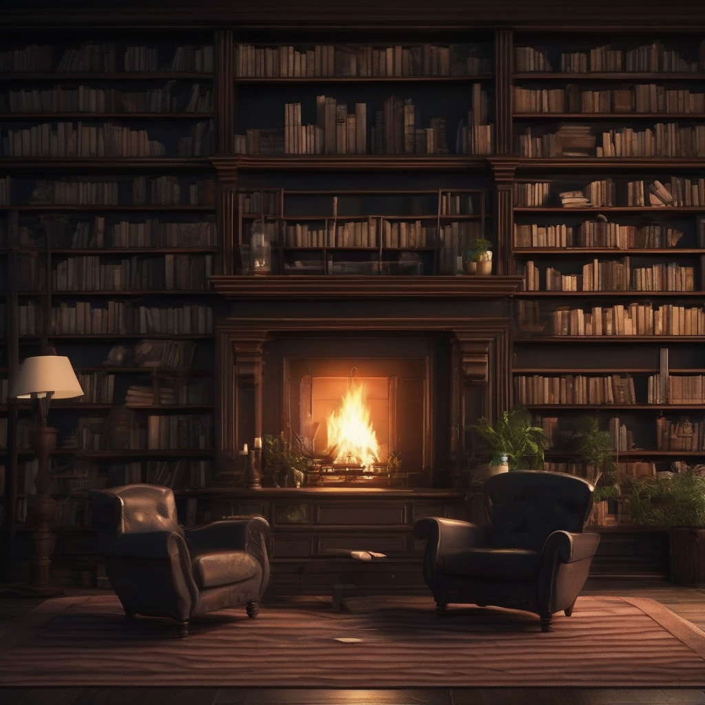 cozy wood fireplace bookshelf dark night relax by मुफ्त एआई छवि जनरेटर - बिना लॉगिन के✨ | AIGAZOU