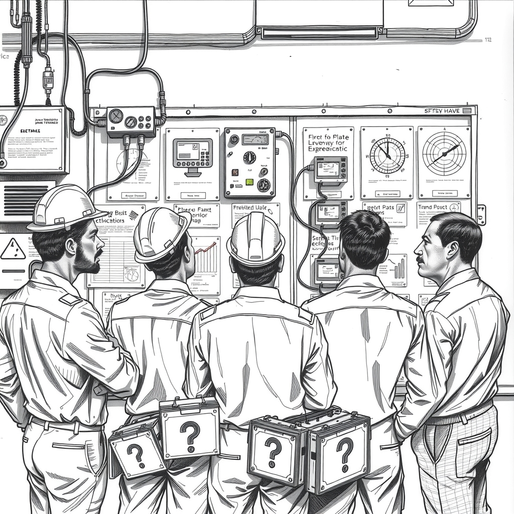 5 engineers in front of pinboard with electrical installation ask questions as surreal pencil sketch by मुफ्त एआई छवि जनरेटर - बिना लॉगिन के✨ | AIGAZOU