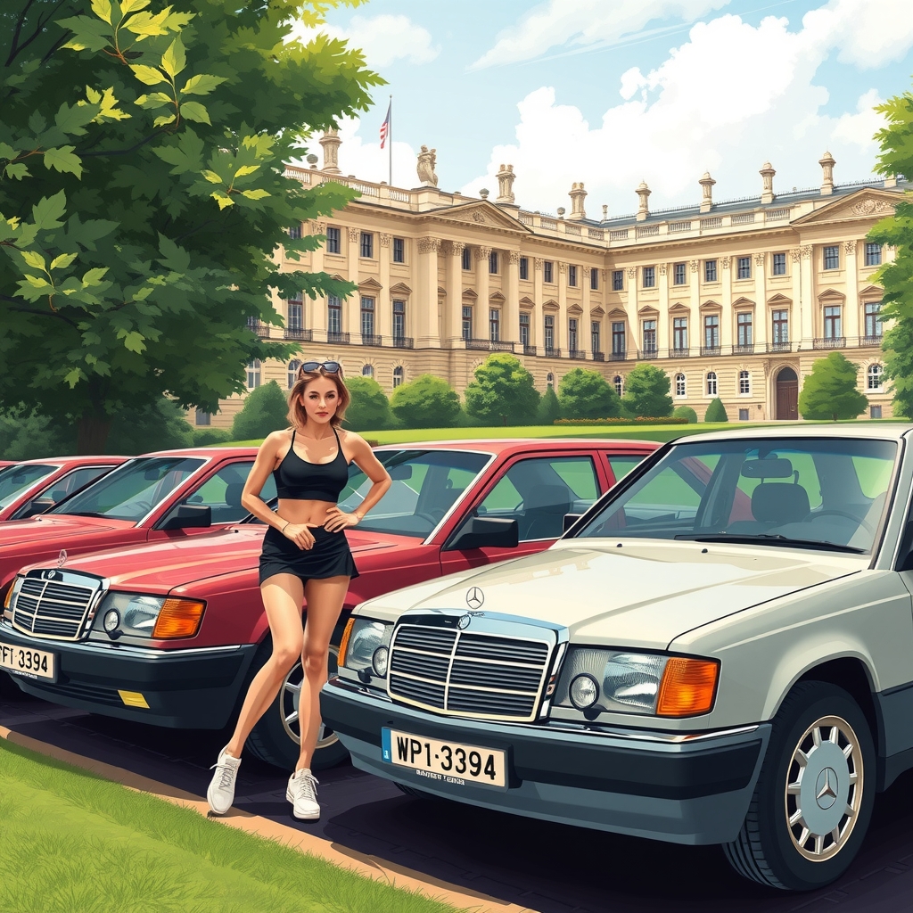 a row of mercedes w124 230e parked in the palace garden with two hot tennis players in front by 免费AI图像生成工具 | AIGAZOU