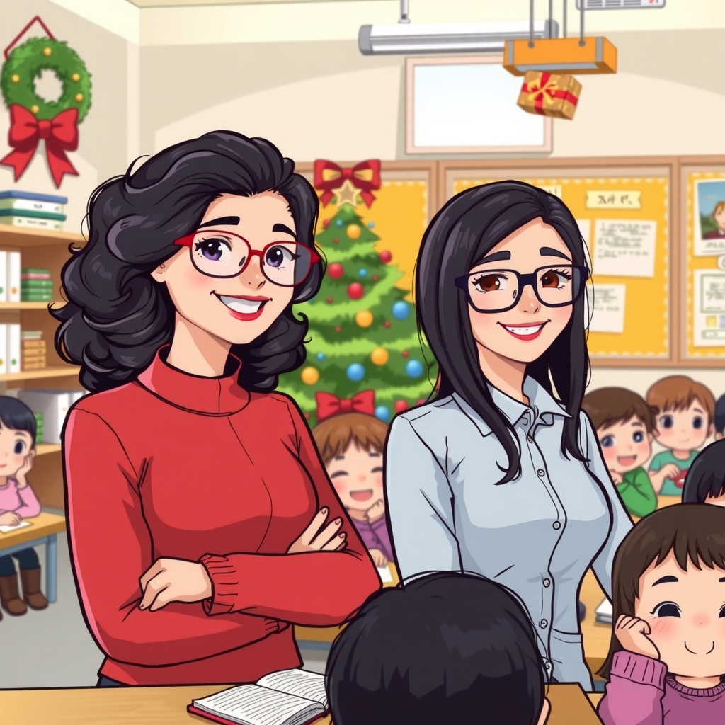 teachers with glasses in classroom with kids at christmas by मुफ्त एआई छवि जनरेटर - बिना लॉगिन के✨ | AIGAZOU