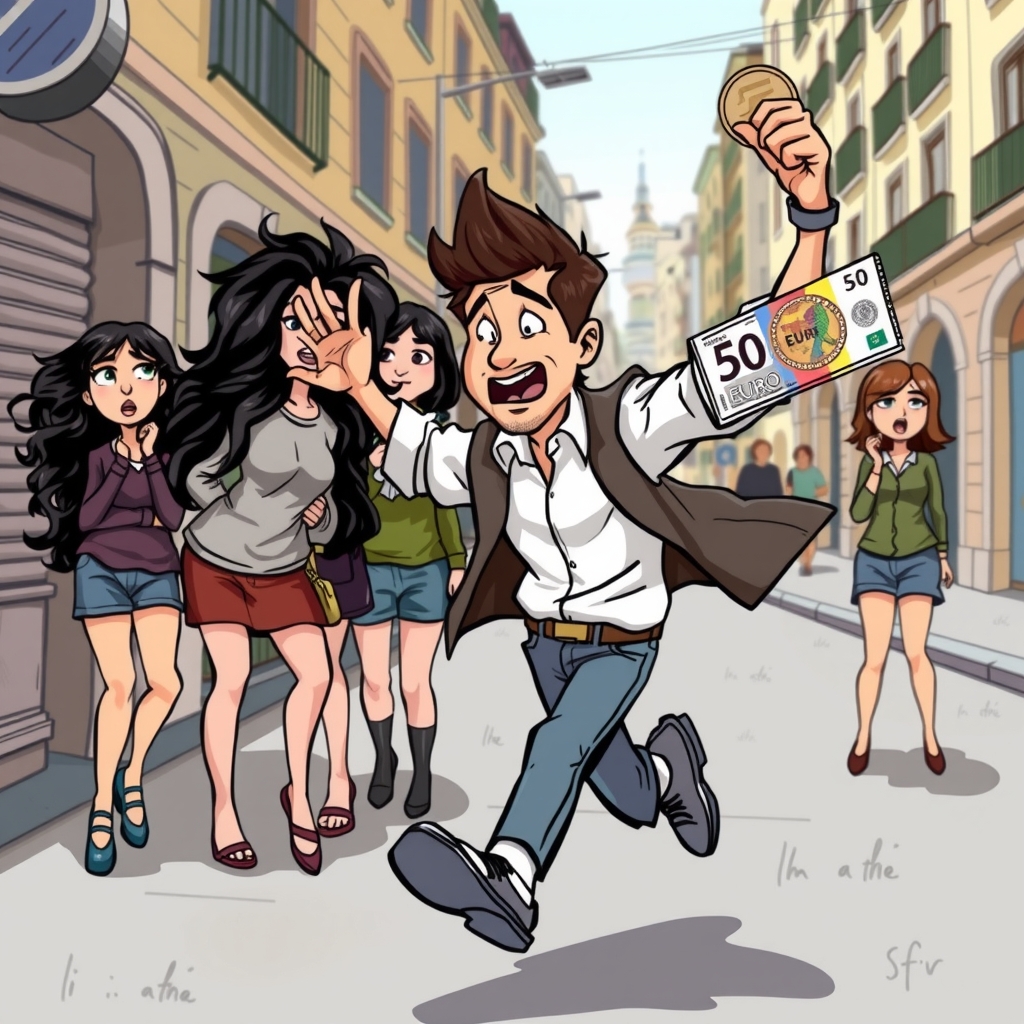 man running with 50 euro bill in barcelona surrounded by panicked girls with dark hair by मुफ्त एआई छवि जनरेटर - बिना लॉगिन के✨ | AIGAZOU