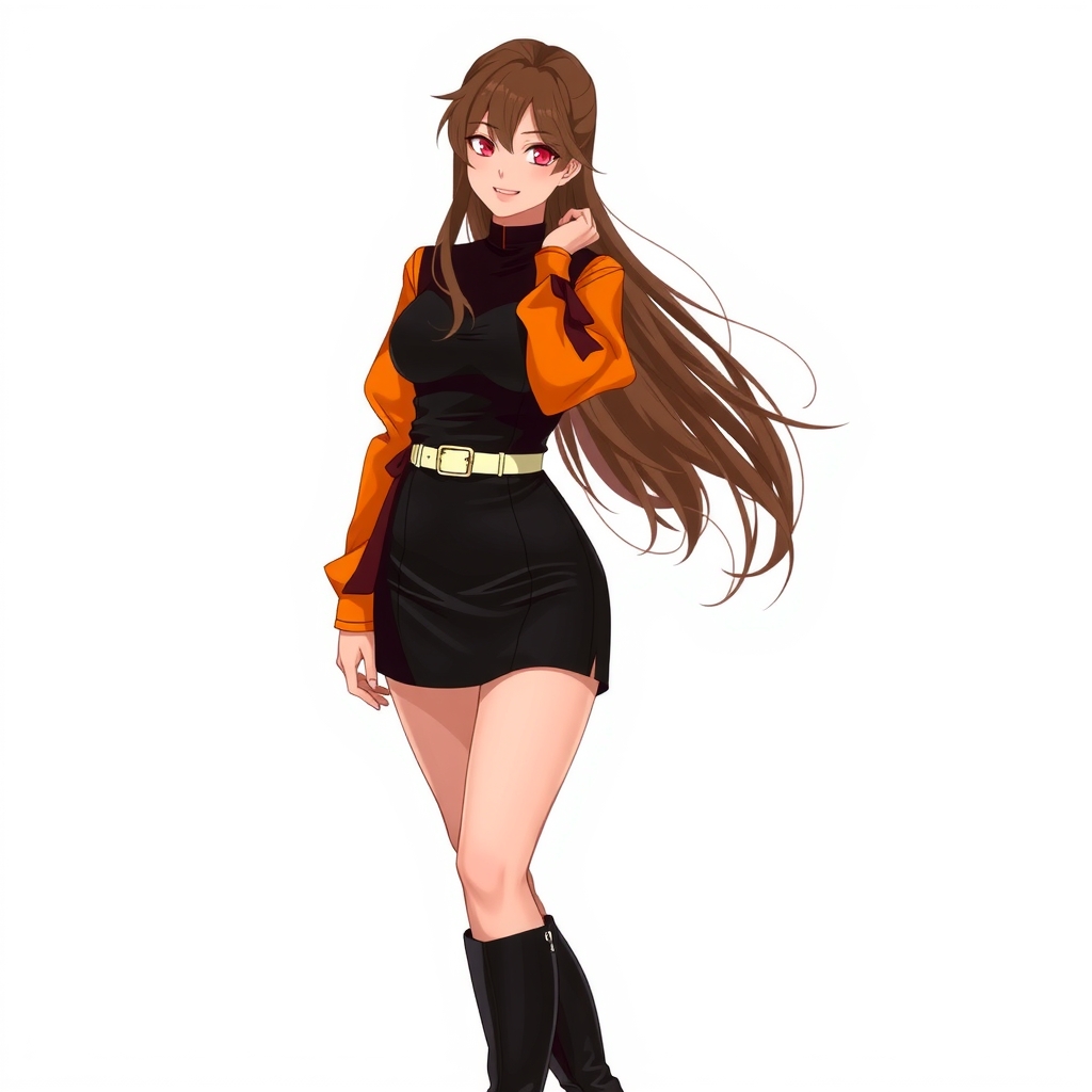 japanese girl with red eyes and brown long hair in black and orange outfit by मुफ्त एआई छवि जनरेटर - बिना लॉगिन के✨ | AIGAZOU