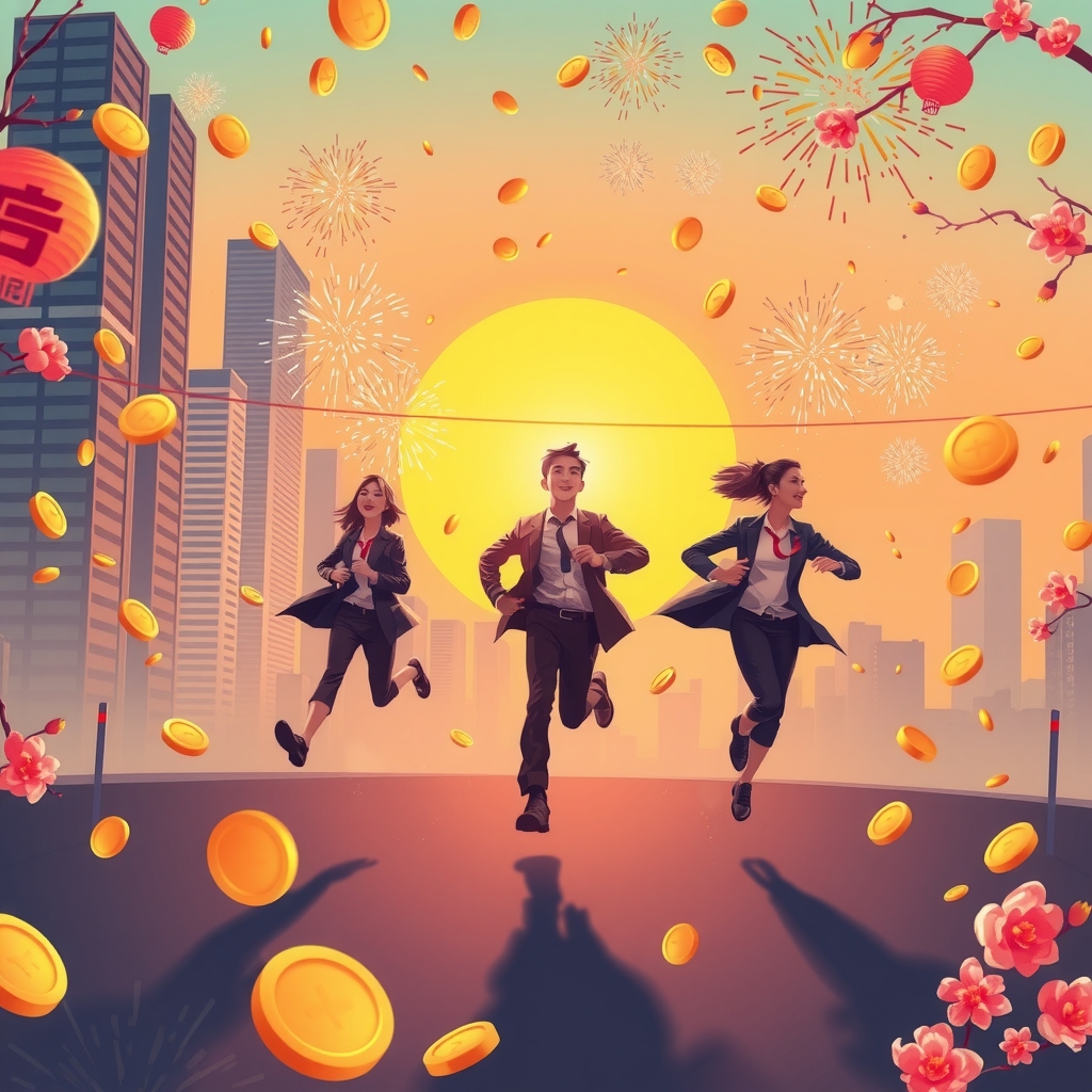 lunar new year sunrise five clerks run towards sunrise lively atmosphere many large gold coins fall from sky skyscrapers fireworks by मुफ्त एआई छवि जनरेटर - बिना लॉगिन के✨ | AIGAZOU