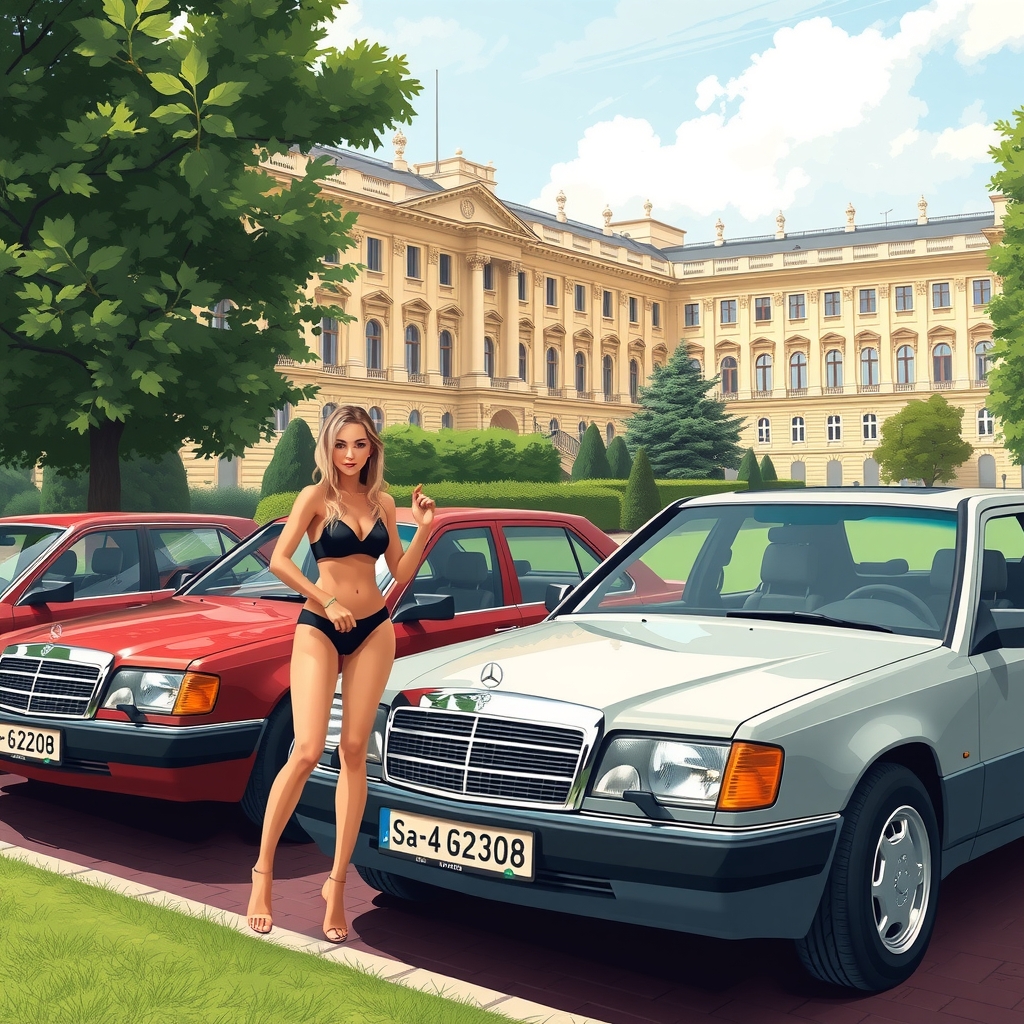 a row of mercedes w124 230e parked in the palace garden with two hot volleyball players by मुफ्त एआई छवि जनरेटर - बिना लॉगिन के✨ | AIGAZOU