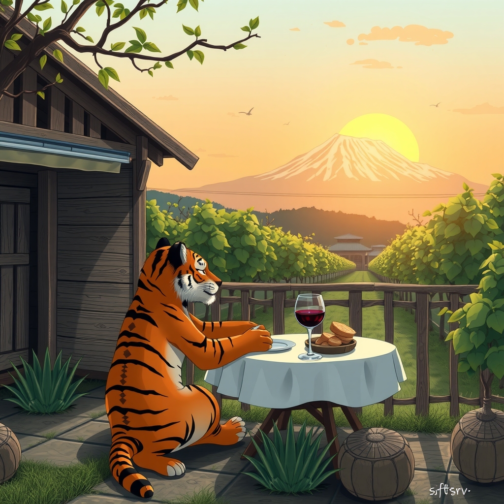 a small tiger eating snacks and drinking wine in front of a barn under the rising sun near mt fuji by मुफ्त एआई छवि जनरेटर - बिना लॉगिन के✨ | AIGAZOU