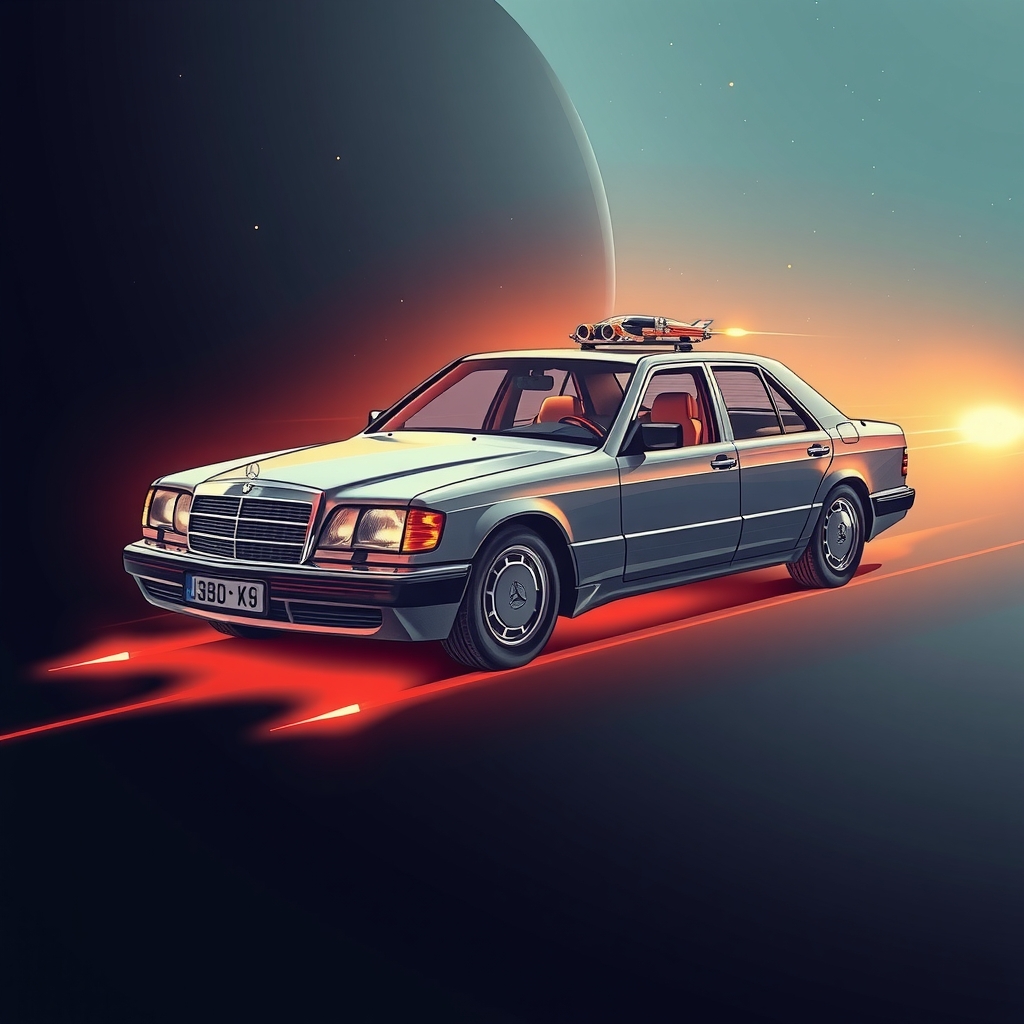 mercedes w124 230e futuristic glowing spaceship by मुफ्त एआई छवि जनरेटर - बिना लॉगिन के✨ | AIGAZOU