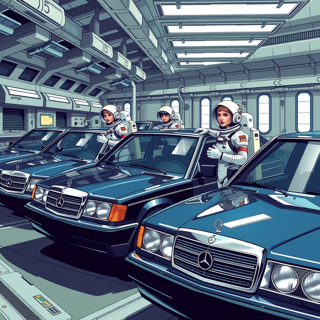 a series of diamond blue mercedes w124 230e in a space station reviewed by three super hot cosmonauts by मुफ्त एआई छवि जनरेटर - बिना लॉगिन के✨ | AIGAZOU