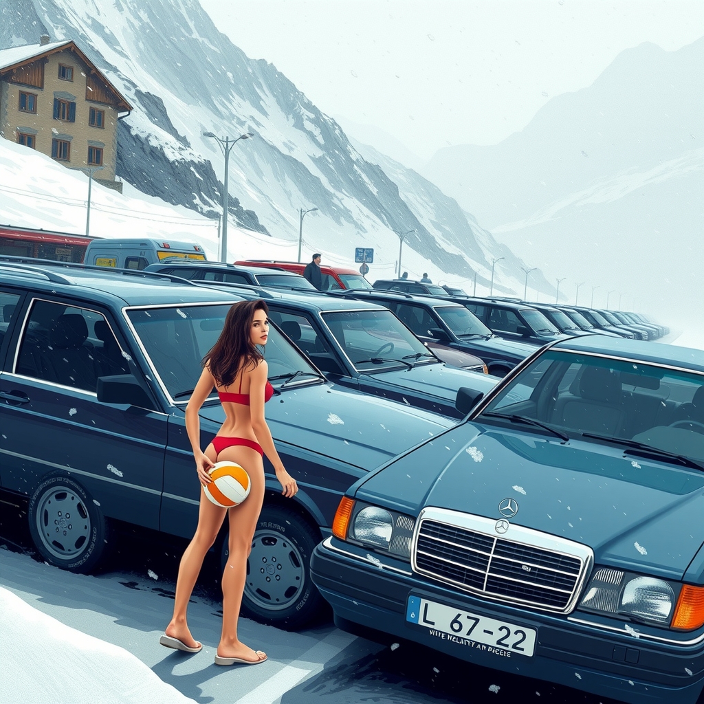 a row of deep blue mercedes w124 230e parked in the alps during a snowstorm with two hot volleyball players by मुफ्त एआई छवि जनरेटर - बिना लॉगिन के✨ | AIGAZOU