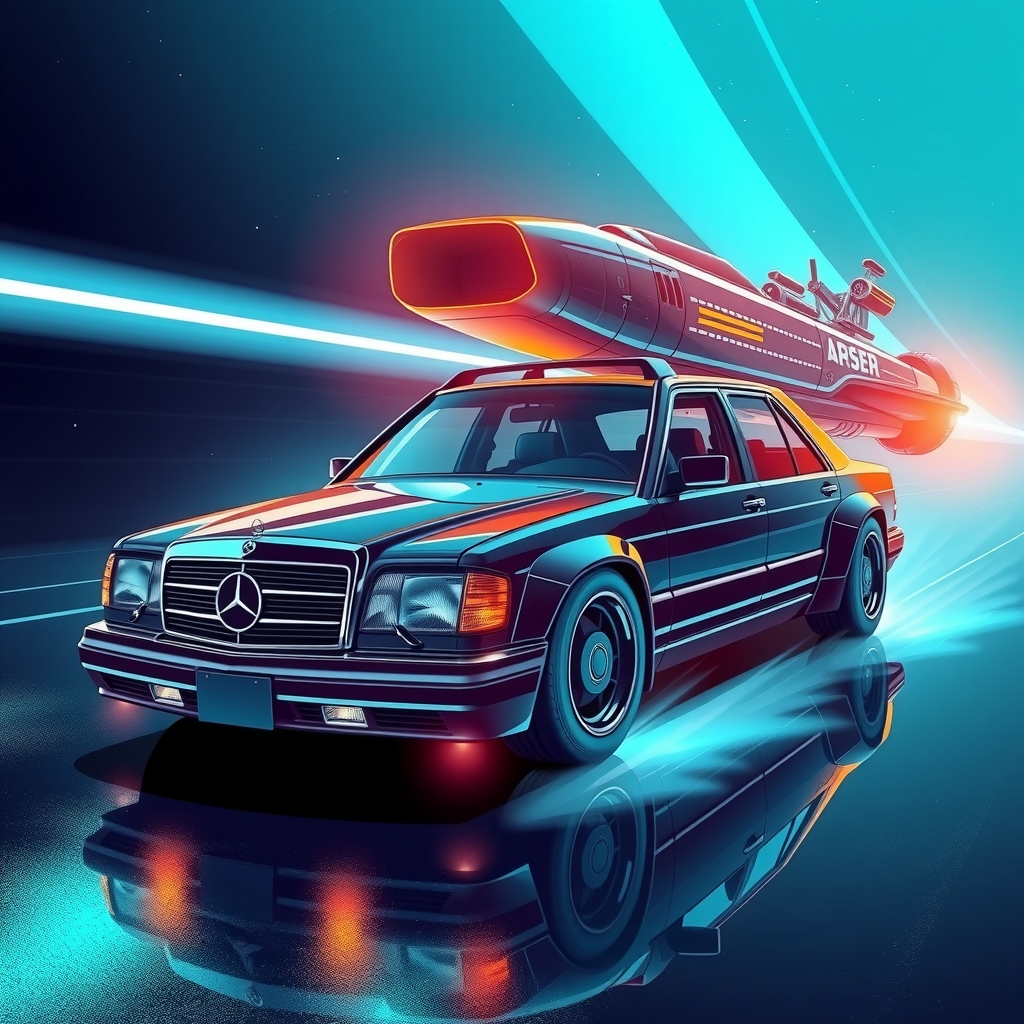 mix mercedes w124 230e futuristic spaceship cyan lighting by मुफ्त एआई छवि जनरेटर - बिना लॉगिन के✨ | AIGAZOU