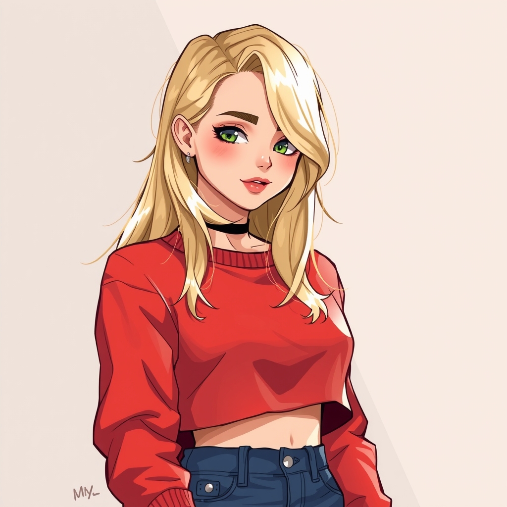 blonde teenager girl with red crop top sweater by मुफ्त एआई छवि जनरेटर - बिना लॉगिन के✨ | AIGAZOU