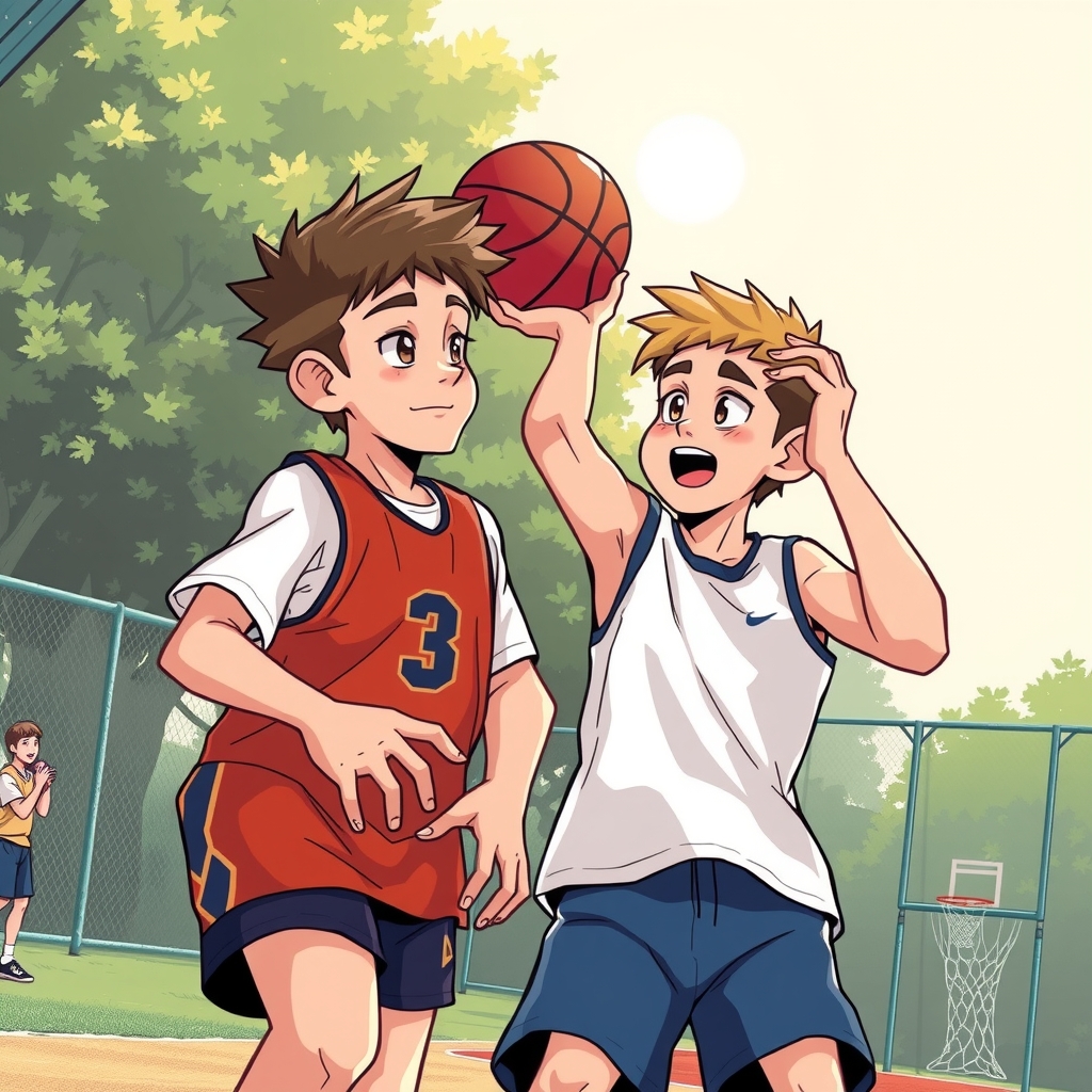 two boys playing basketball by मुफ्त एआई छवि जनरेटर - बिना लॉगिन के✨ | AIGAZOU