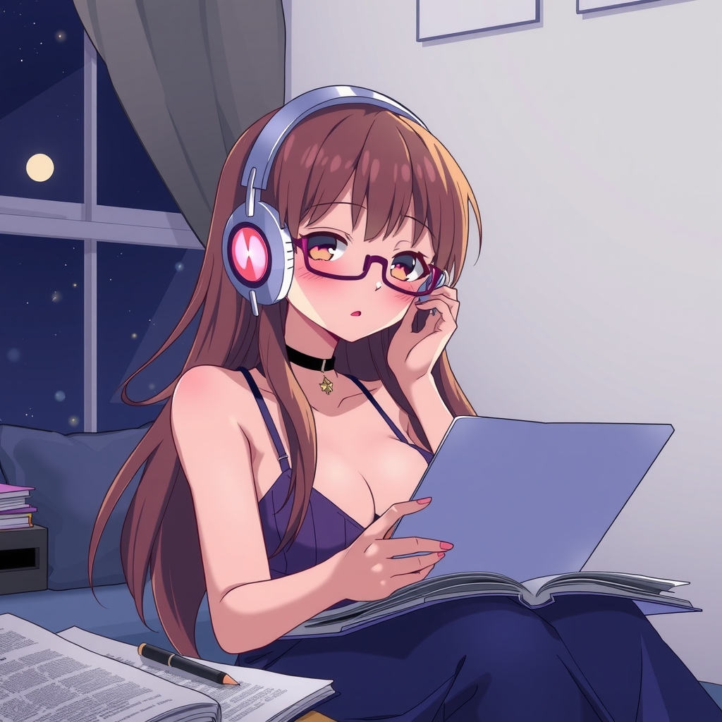 sexy anime girl with headphones studying late night calm room by मुफ्त एआई छवि जनरेटर - बिना लॉगिन के✨ | AIGAZOU