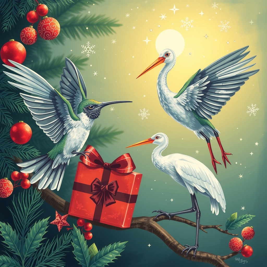 hummingbirds ibis stork celebrate christmas by मुफ्त एआई छवि जनरेटर - बिना लॉगिन के✨ | AIGAZOU