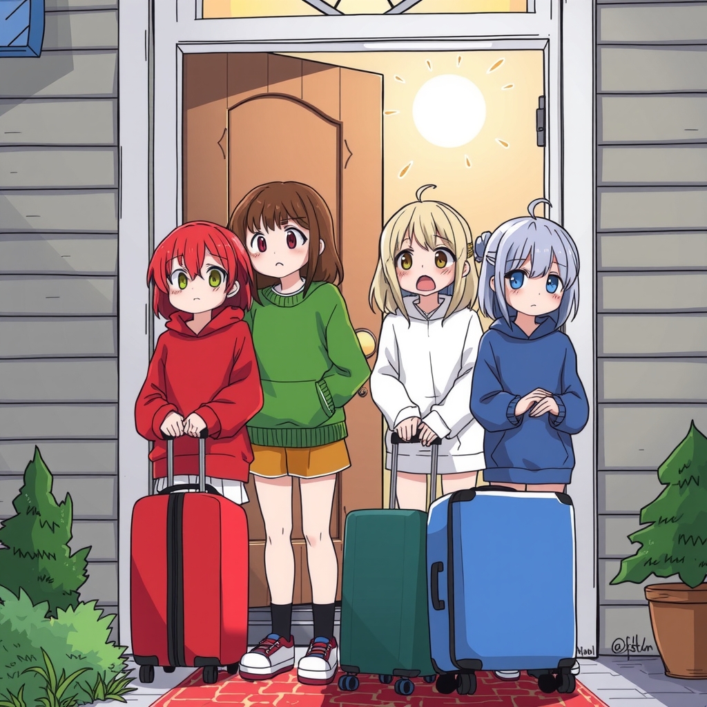 four girls one red sweater one green sweater one white hair one blue hair they are at the door of by Générateur d'images par IA gratuit - Aucune connexion nécessaire✨ | AIGAZOU