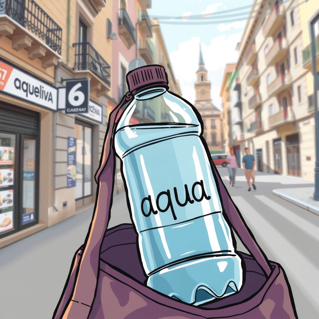 funny water bottle with aqua label in barcelona by मुफ्त एआई छवि जनरेटर - बिना लॉगिन के✨ | AIGAZOU