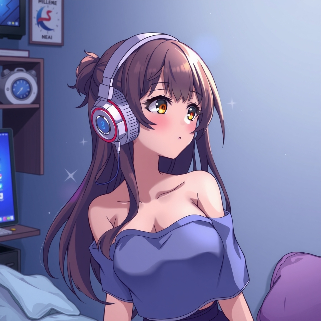 midnight room girl with large chest wearing headphones by Générateur d'images par IA gratuit - Aucune connexion nécessaire✨ | AIGAZOU