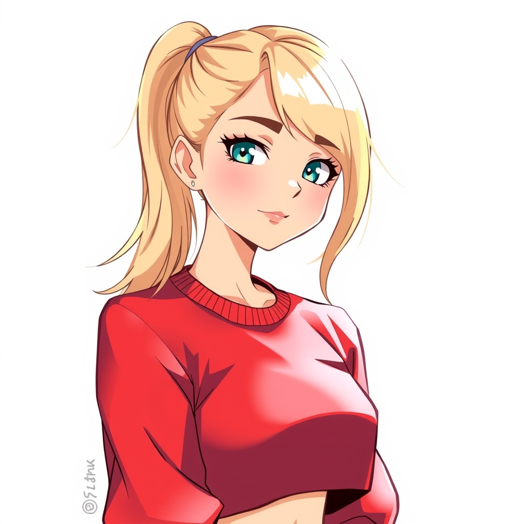 blonde teenager girl with red crop top and light blue eyes by Générateur d'images par IA gratuit - Aucune connexion nécessaire✨ | AIGAZOU