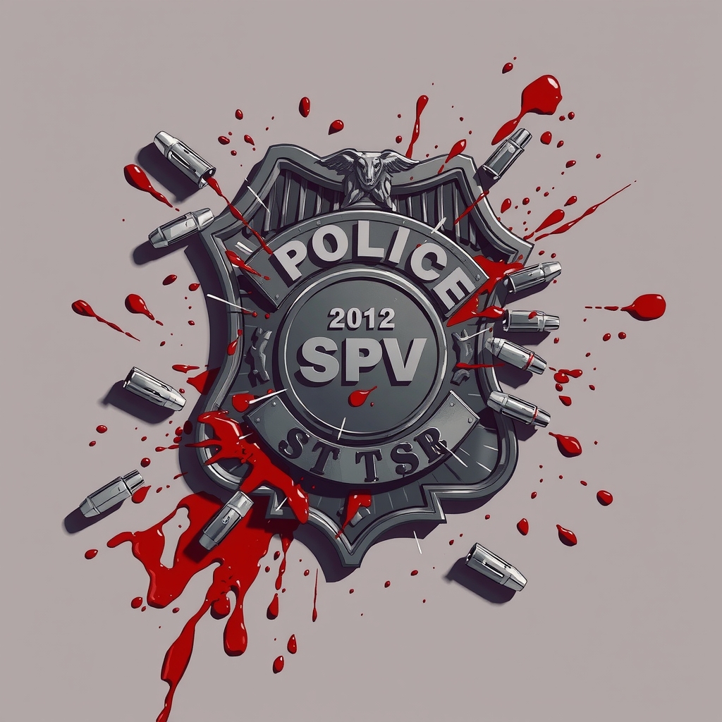 broken gray police badge surrounded by blood and bullet holes by 免费AI图像生成工具 | AIGAZOU