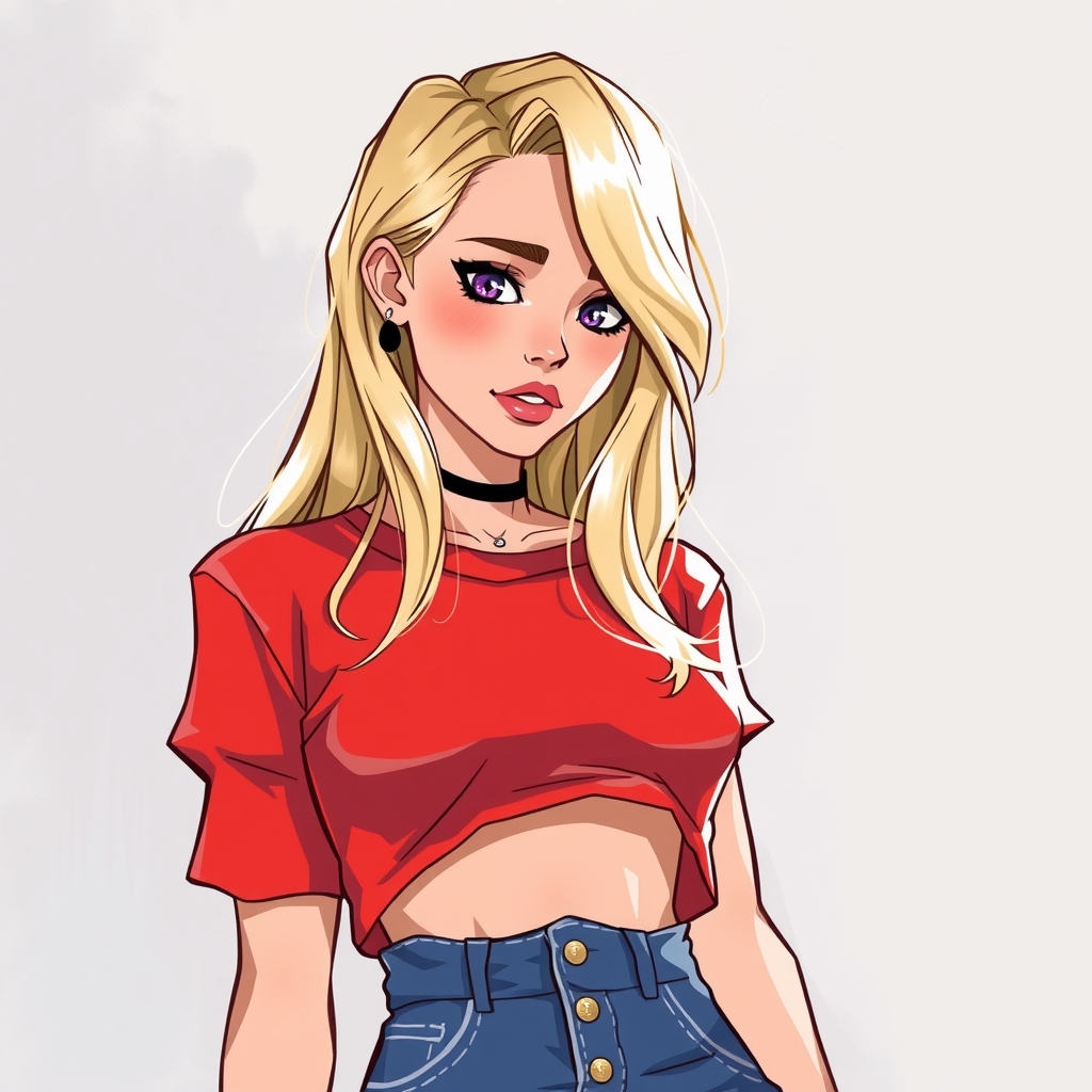 blonde teenager girl with red crop top by मुफ्त एआई छवि जनरेटर - बिना लॉगिन के✨ | AIGAZOU