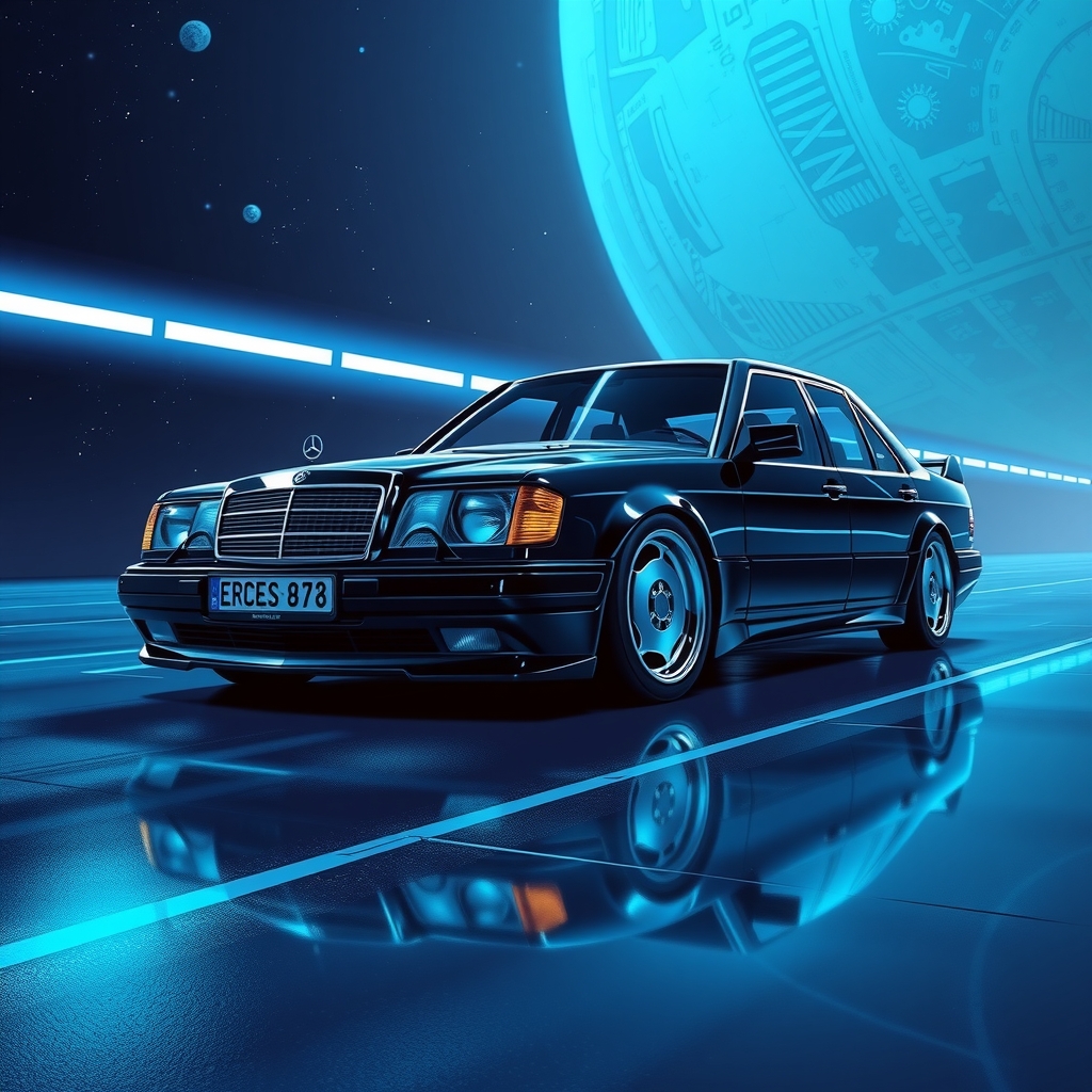 cyber futuristic mercedes w124 230e with cyan blue lighting in space by मुफ्त एआई छवि जनरेटर - बिना लॉगिन के✨ | AIGAZOU