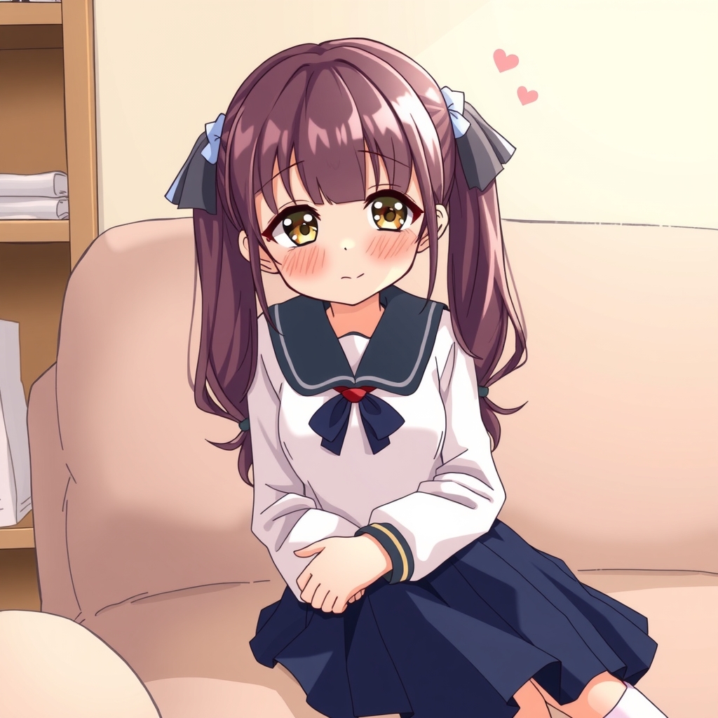 japanese high school girl with long twintails sitting on sofa looking at camera with red eyes wearing navy pleated skirt by मुफ्त एआई छवि जनरेटर - बिना लॉगिन के✨ | AIGAZOU