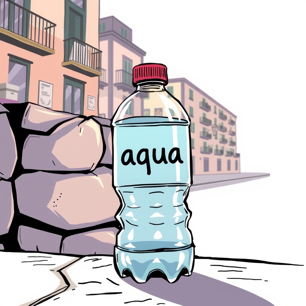 funny water bottle with aqua label in barcelona by मुफ्त एआई छवि जनरेटर - बिना लॉगिन के✨ | AIGAZOU