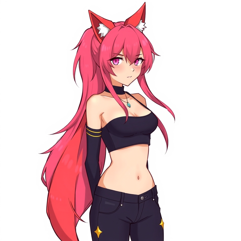 neutral style full body illustration red pink gradient hair long wolf tail outfit reveals waist by Générateur d'images par IA gratuit - Aucune connexion nécessaire✨ | AIGAZOU