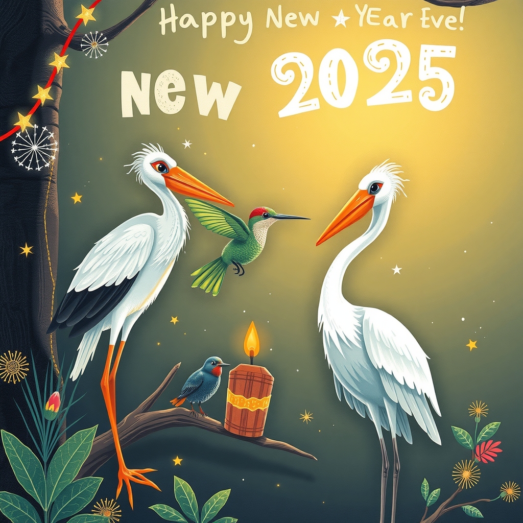 funny stork hummingbird ibis celebrate new year 2025 by मुफ्त एआई छवि जनरेटर - बिना लॉगिन के✨ | AIGAZOU