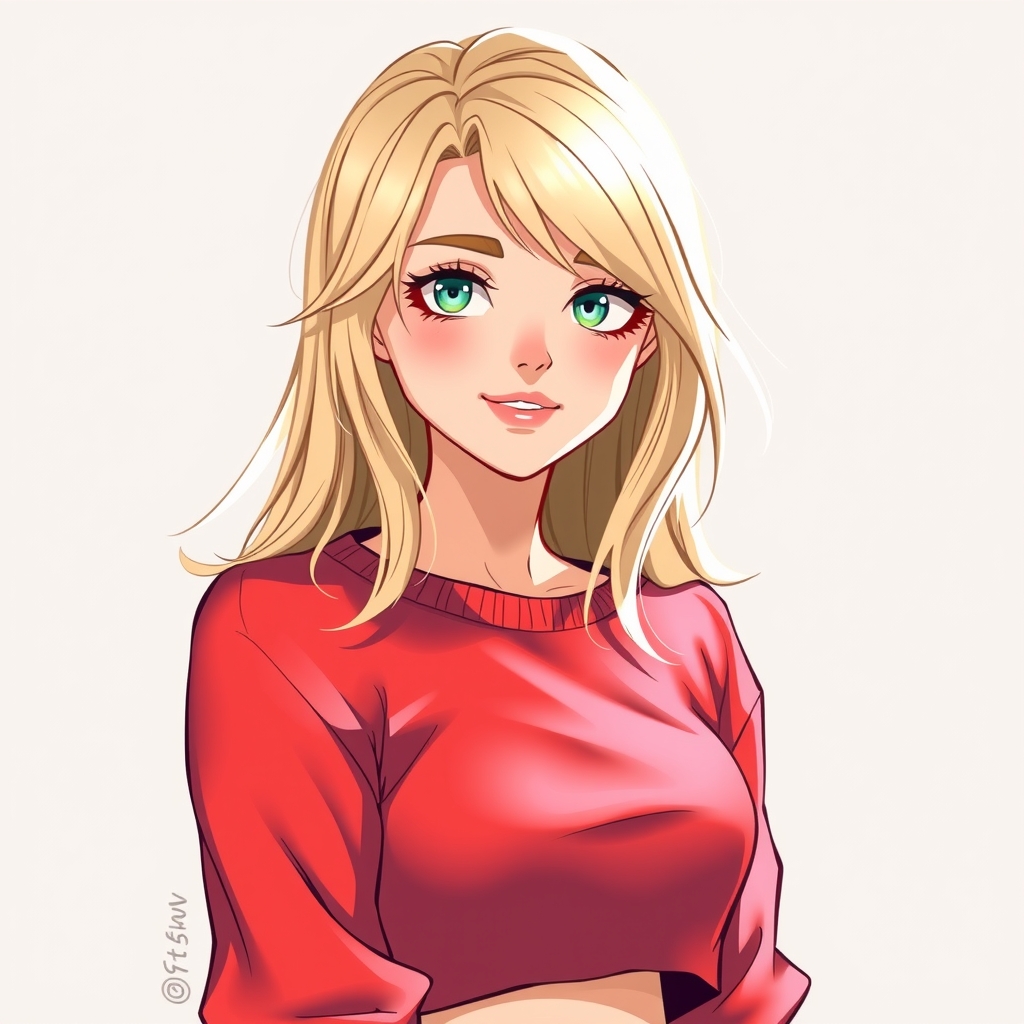 blonde teenager girl with red crop top and light blue eyes by मुफ्त एआई छवि जनरेटर - बिना लॉगिन के✨ | AIGAZOU