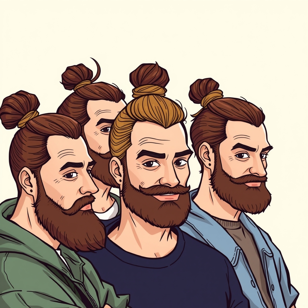 several men with man bun dutt with funny background by Free AI Image Generator & Maker - No login required✨ | AIGAZOU