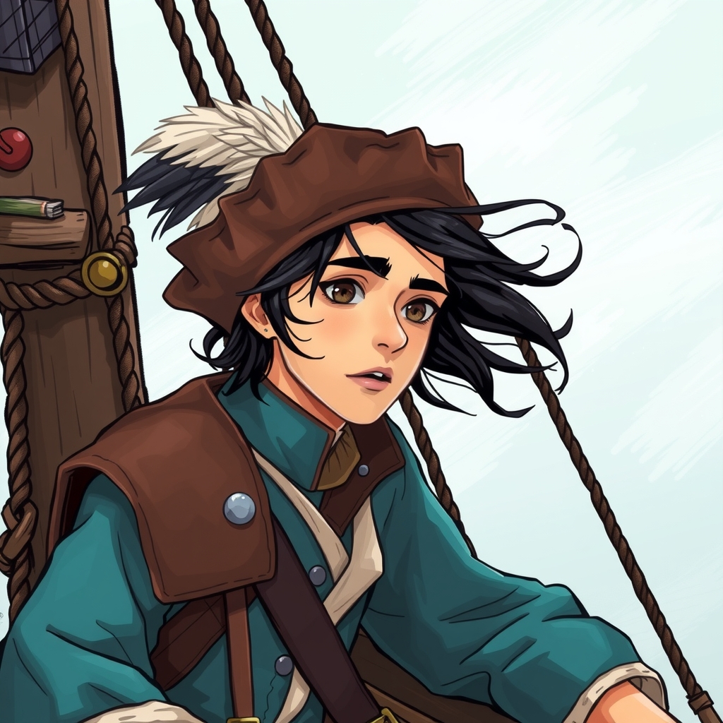 youth in crow s nest of old sailboat wearing blue green tunic feathered leather hat and narrow face with black by मुफ्त एआई छवि जनरेटर - बिना लॉगिन के✨ | AIGAZOU