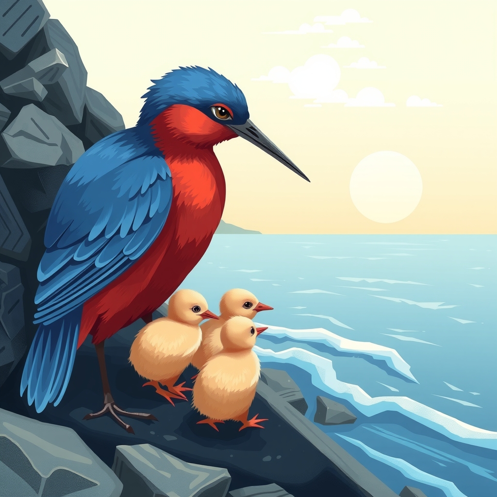 a blue bird raising chicks near the sea with beautiful blue feathers and a red body by मुफ्त एआई छवि जनरेटर - बिना लॉगिन के✨ | AIGAZOU