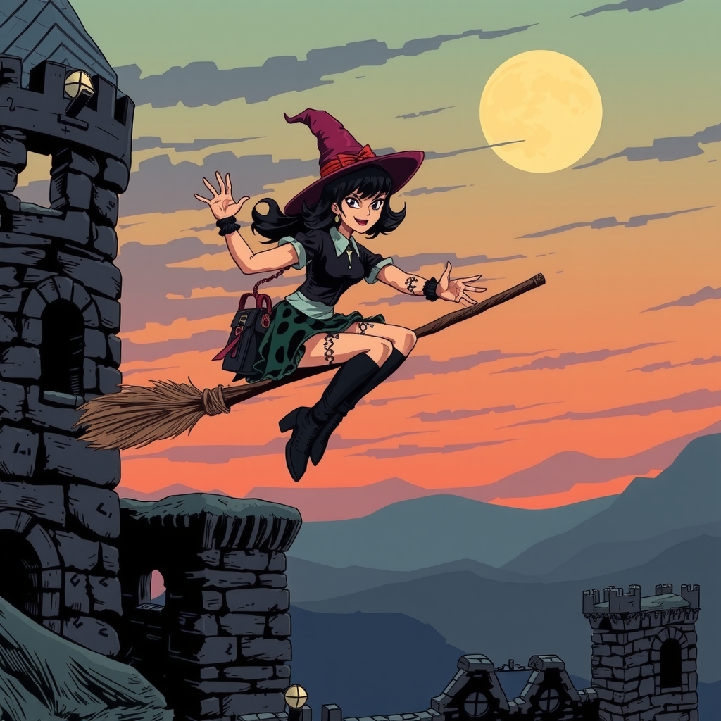 a punk witch in punk outfit flies over a castle ruin at dusk by मुफ्त एआई छवि जनरेटर - बिना लॉगिन के✨ | AIGAZOU