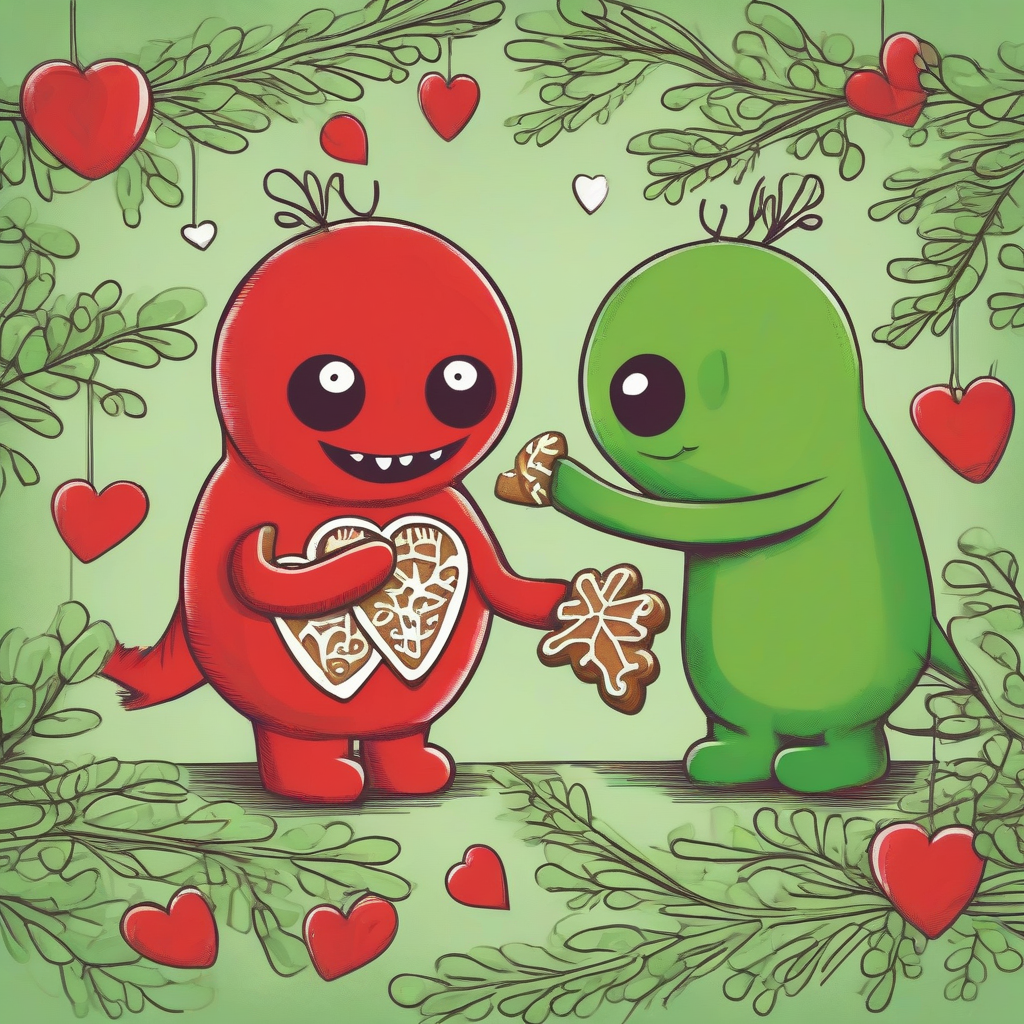 a red creature gives a green creature a gingerbread heart as an apology under a mistletoe by मुफ्त एआई छवि जनरेटर - बिना लॉगिन के✨ | AIGAZOU