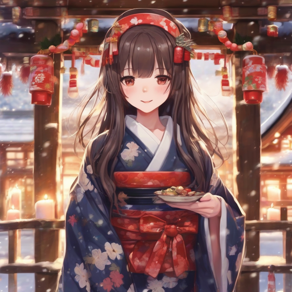 a kimono girl with long chocolate brown hair at a christmas shrine by मुफ्त एआई छवि जनरेटर - बिना लॉगिन के✨ | AIGAZOU