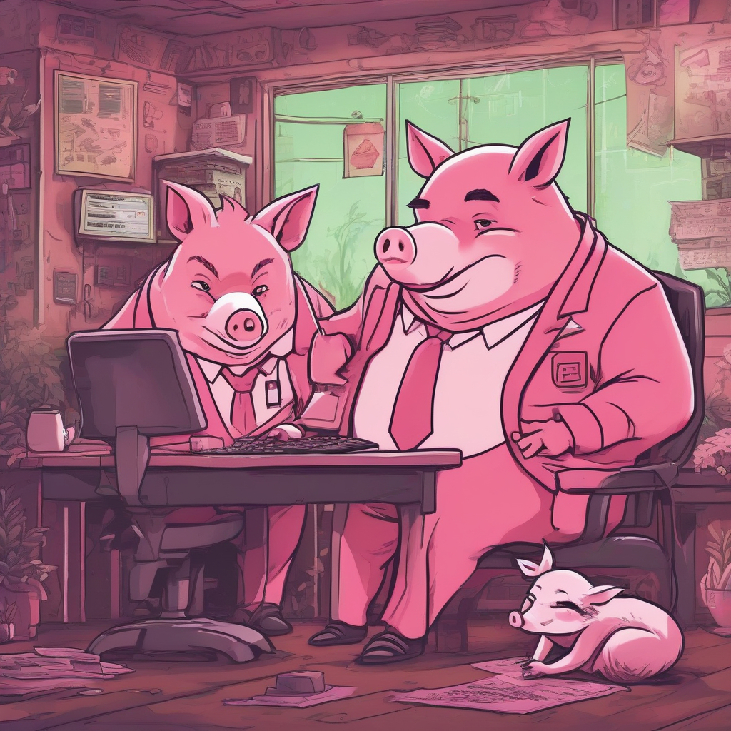 a hacker dressed fox scams on phone a pink suit pig receives call in deep forest city two characters in by मुफ्त एआई छवि जनरेटर - बिना लॉगिन के✨ | AIGAZOU