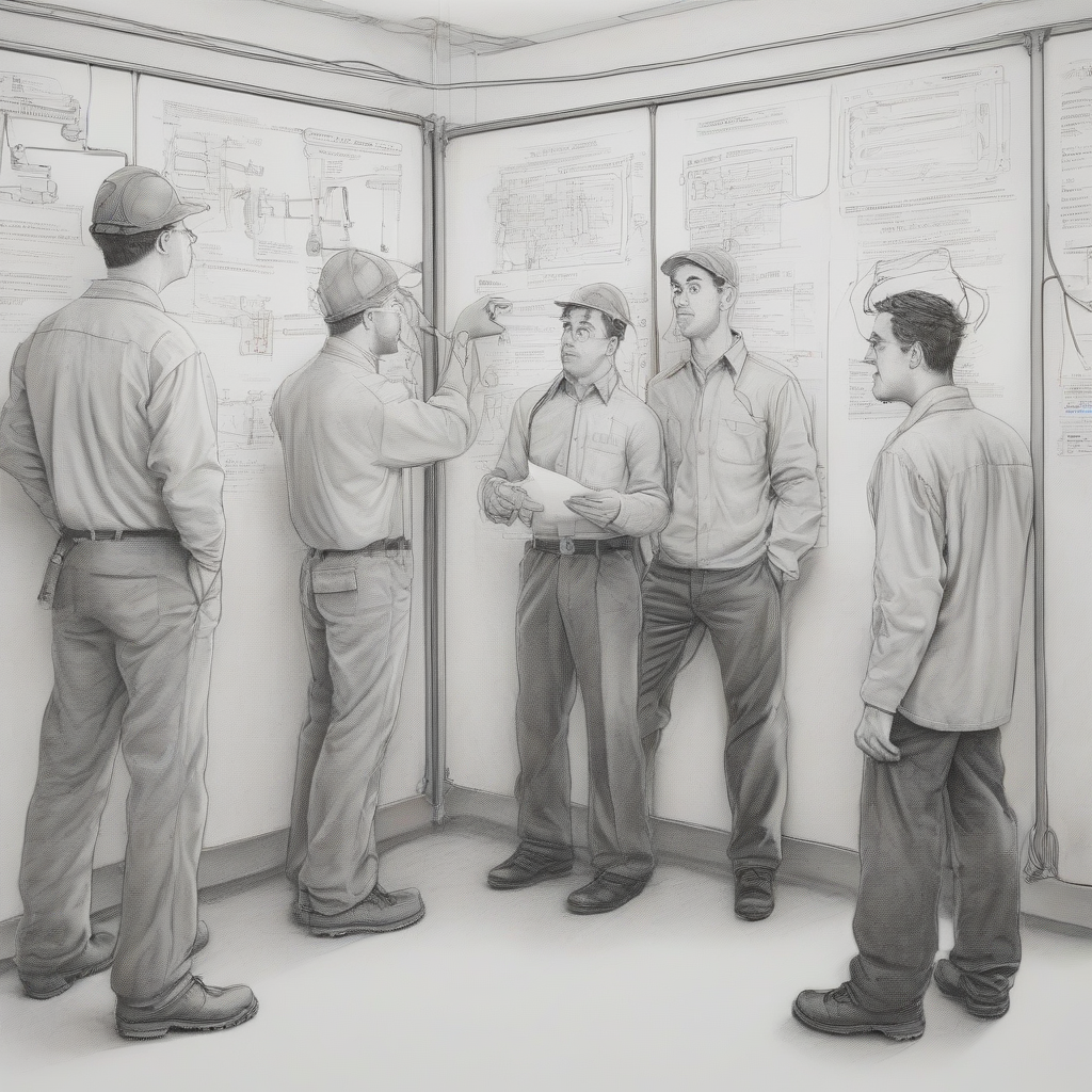 5 engineers at pinboard with electrical installation ask questions as surreal pencil sketch by मुफ्त एआई छवि जनरेटर - बिना लॉगिन के✨ | AIGAZOU