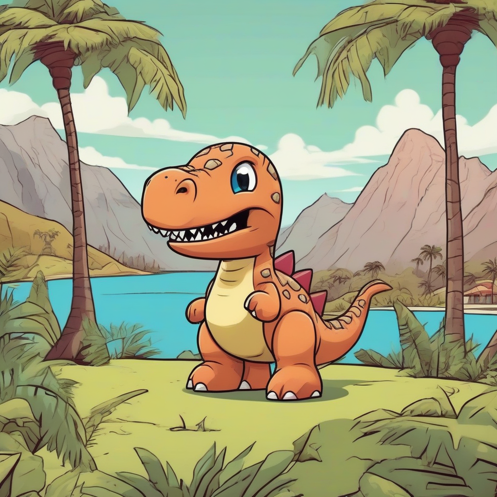 a plush dinosaur in a beautiful landscape with palms and mountains in the background in cartoon style by मुफ्त एआई छवि जनरेटर - बिना लॉगिन के✨ | AIGAZOU